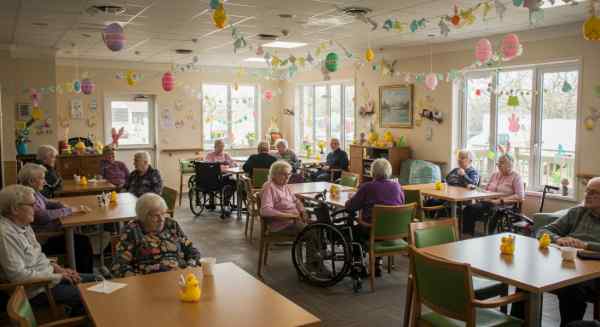 seniors sitting alone in a sterile assisted living facility, looking isolated