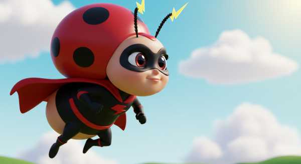 cartoon ladybug superhero with cape, symbolizing natural pest control