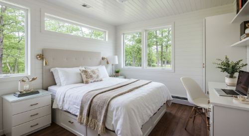 serene tiny home bedroom with natural materials and soft lighting