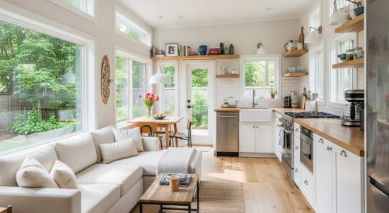 bright tiny home kitchen with natural wood finishes and large window